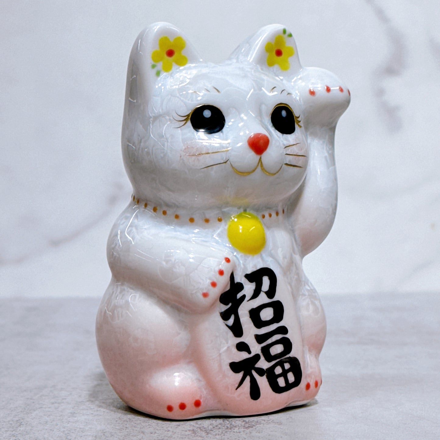 日本清水燒招財貓 花結晶 桃白 左 特小
