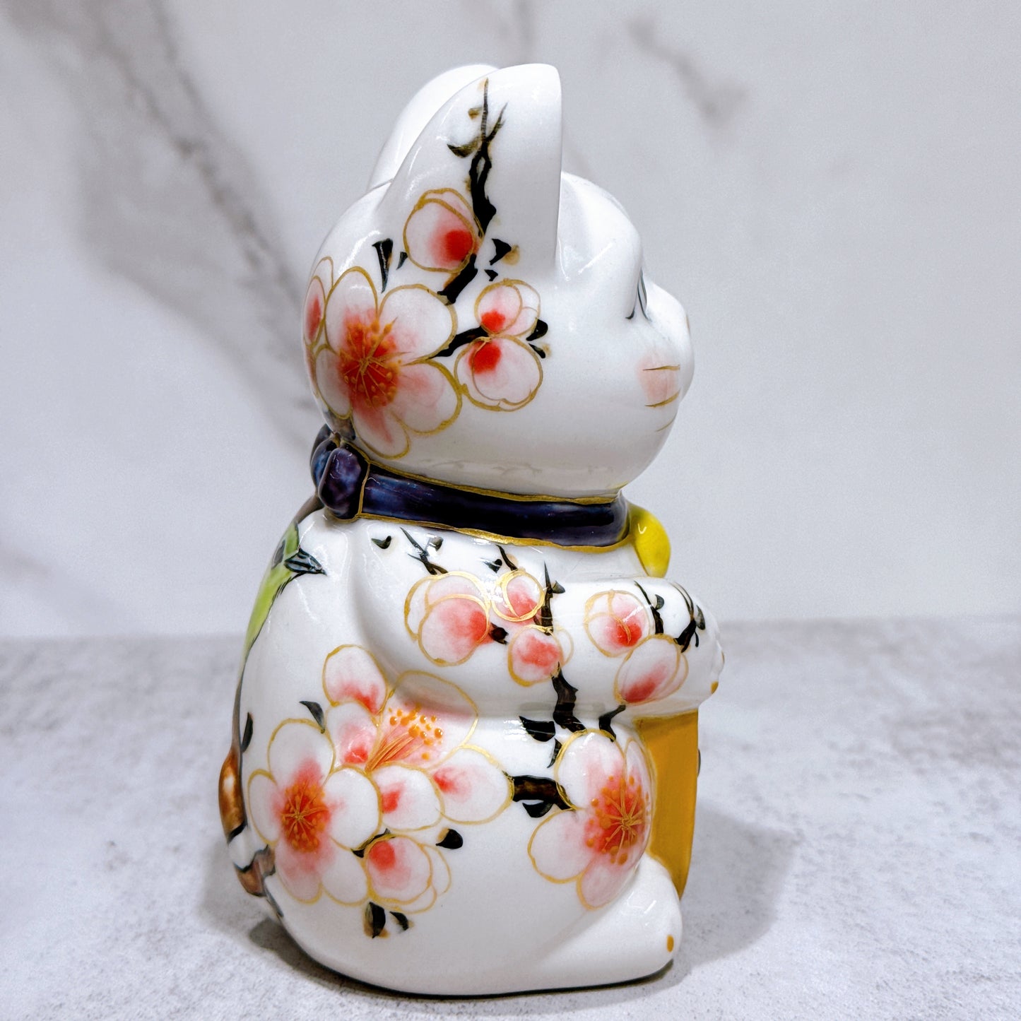 日本清水燒招財貓 色繪 梅花草鳥