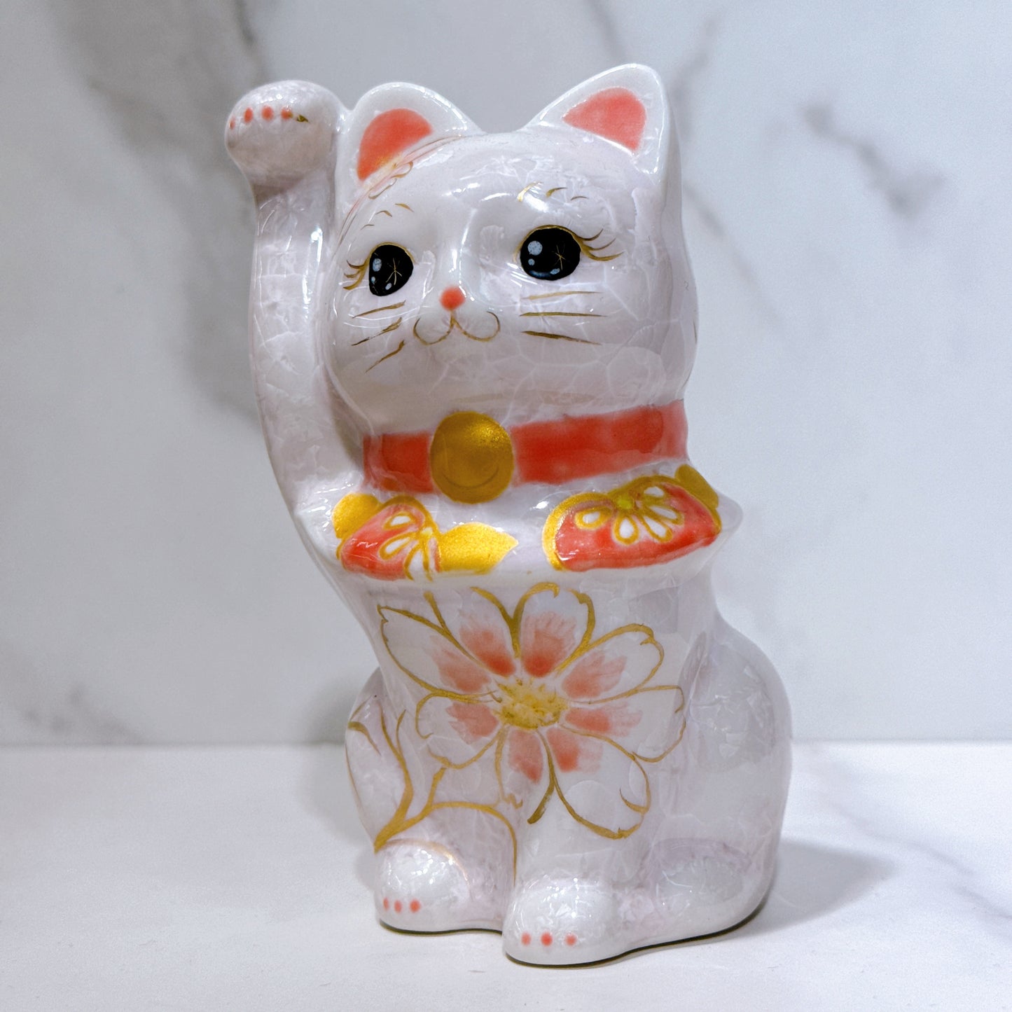 日本清水燒招財貓 花結晶 桃 体花