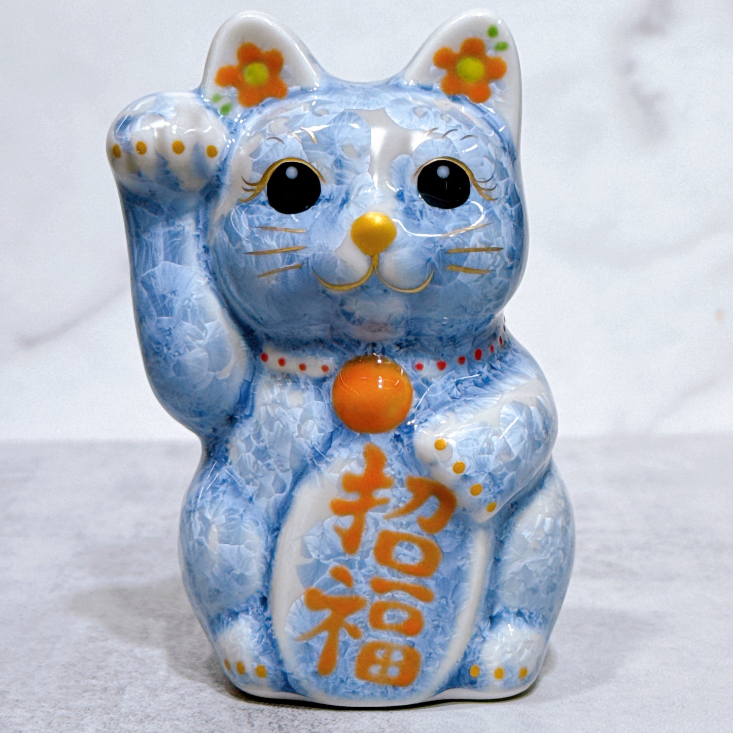 日本清水燒招財貓 花結晶 銀藤 右 特小