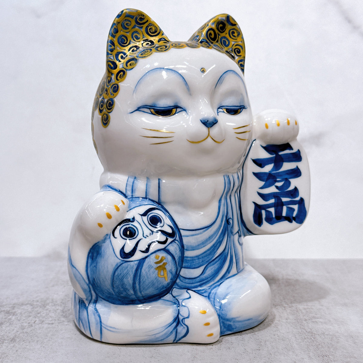日本清水燒招財貓 達摩 染付 金彩 佛陀