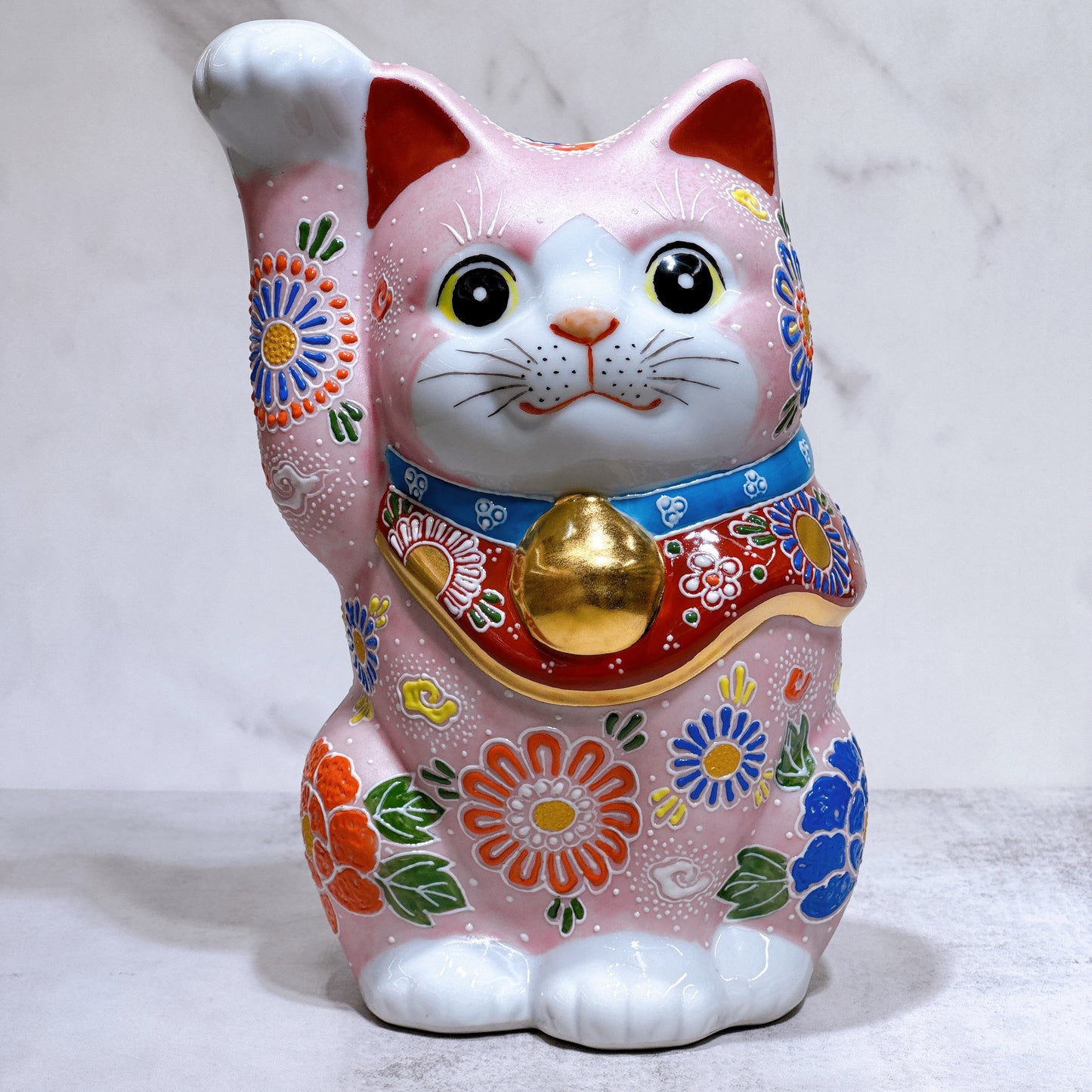 日本九谷燒招財貓 牡丹粉盛 8號