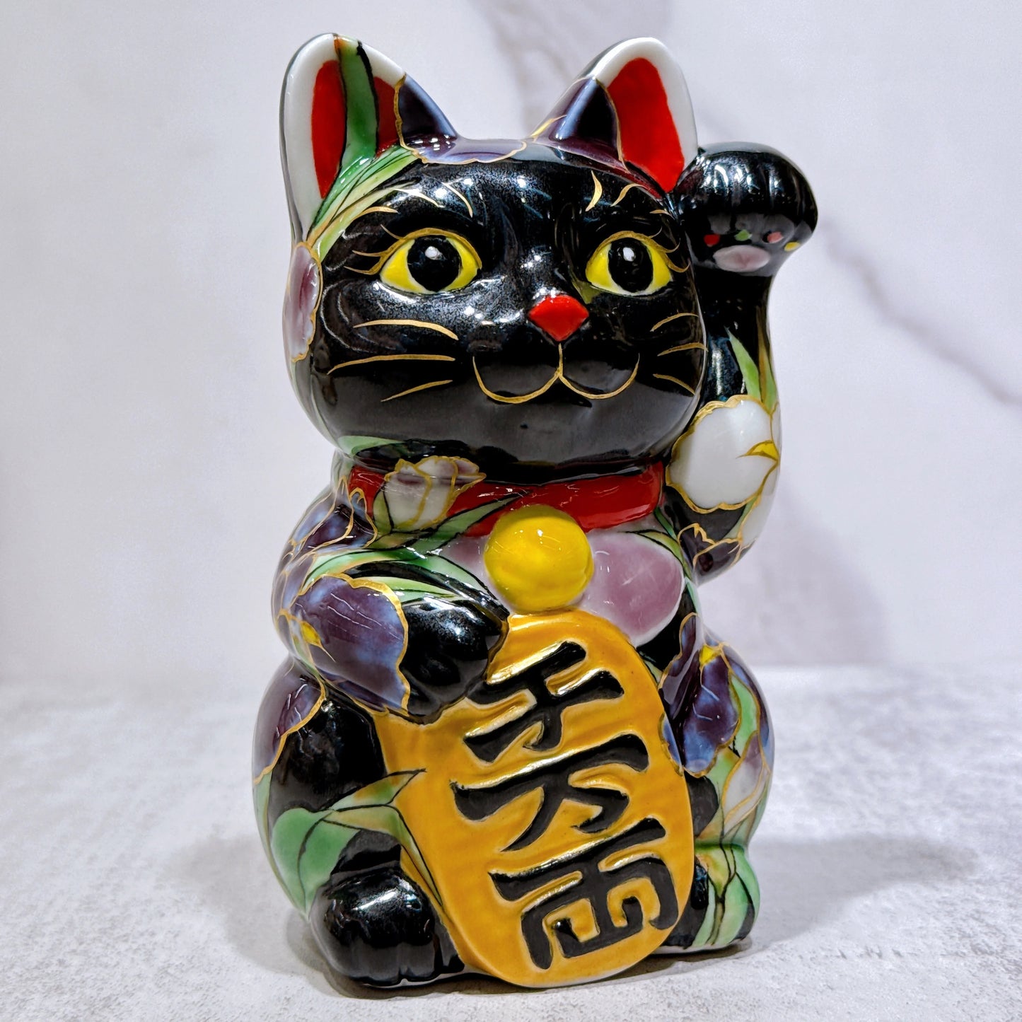 日本清水燒招財貓 色繪 黑地 菖蒲