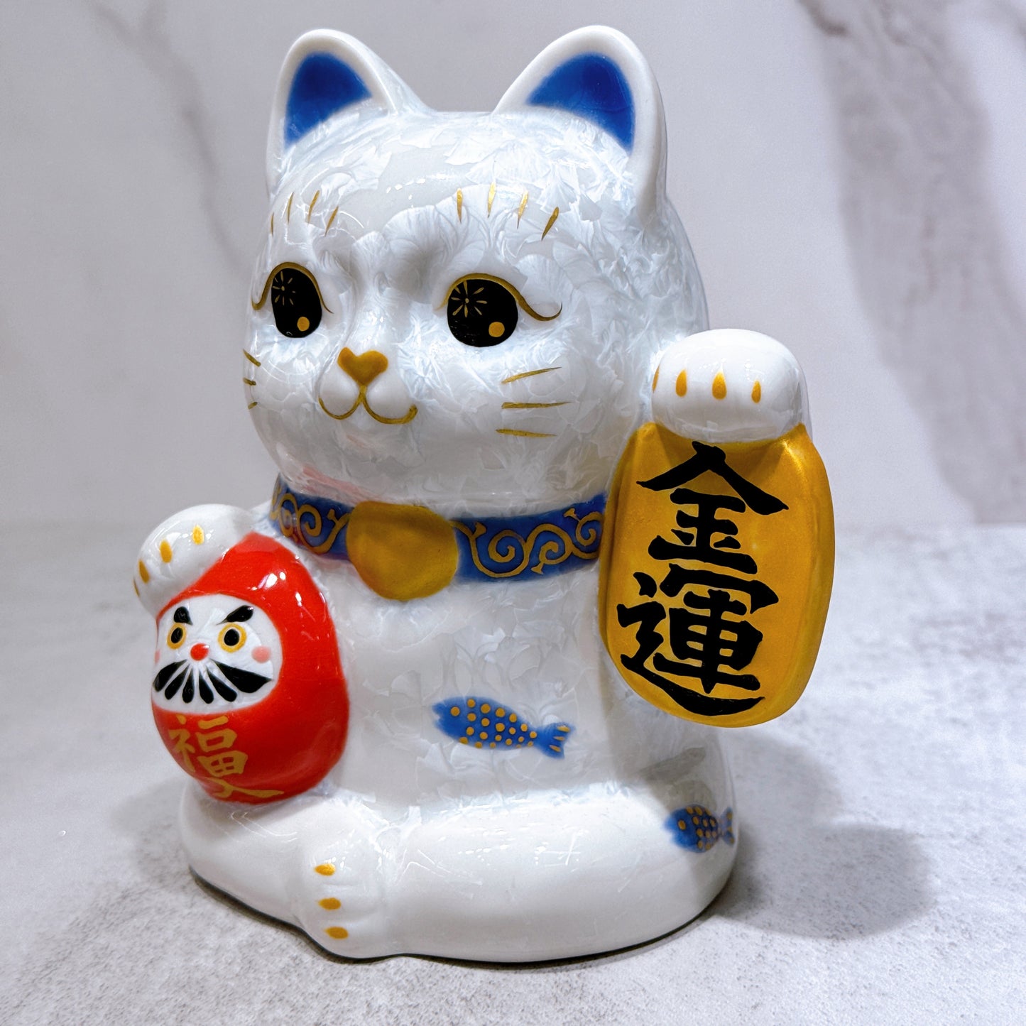 日本清水燒招財貓 達摩 花結晶 白 金運