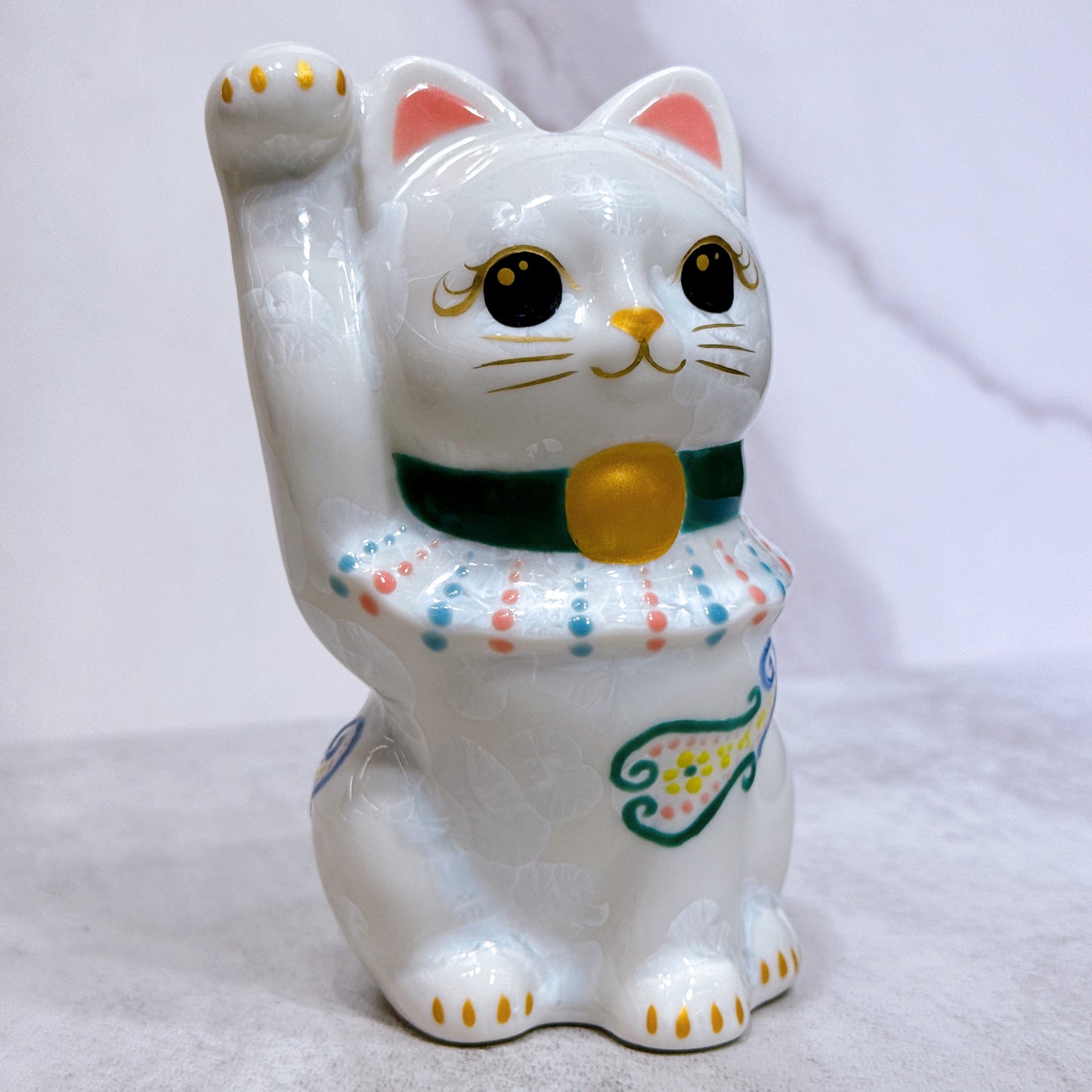 日本清水燒招財貓 花結晶 白 億万両