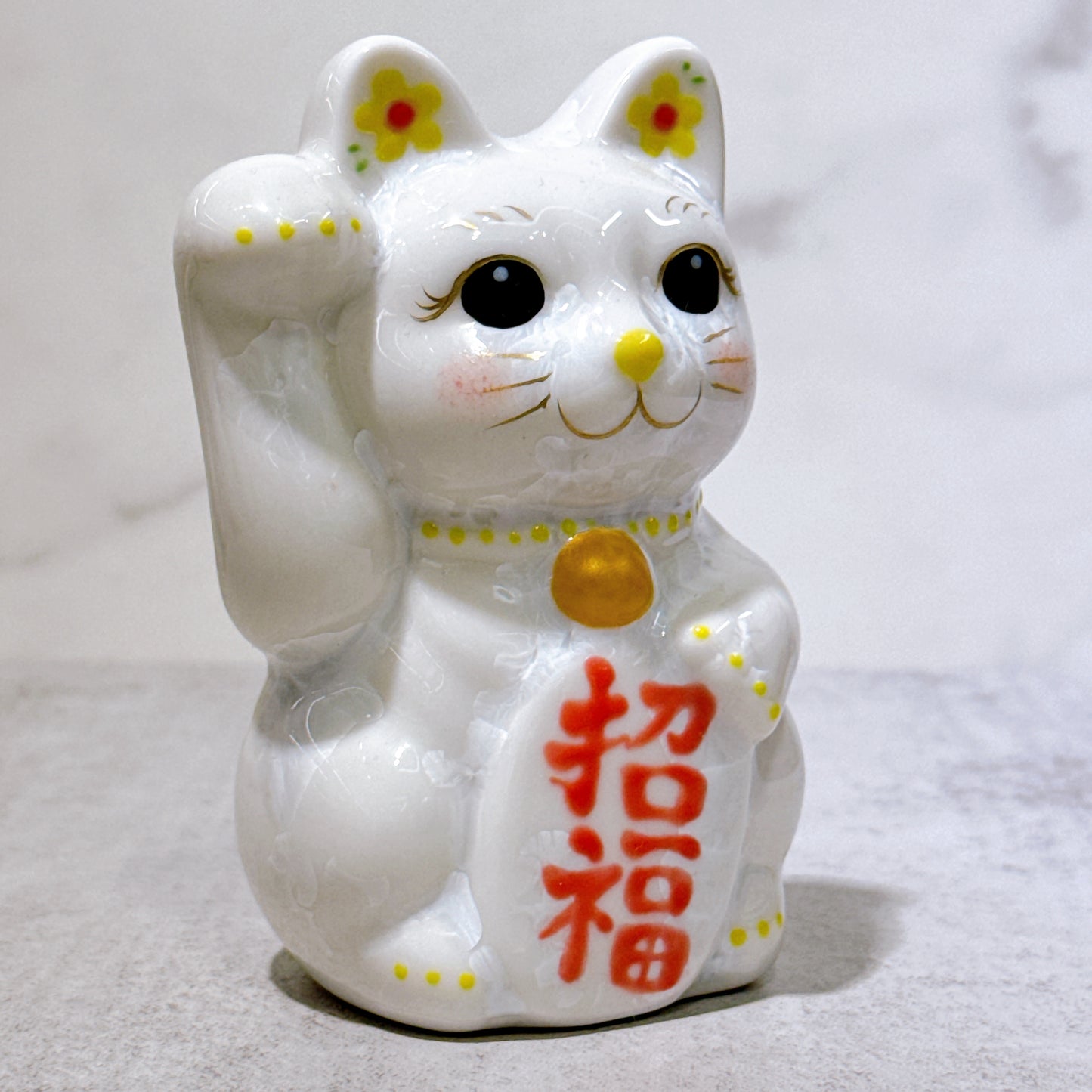 日本清水燒招財貓 花結晶 白 招福 右 特小