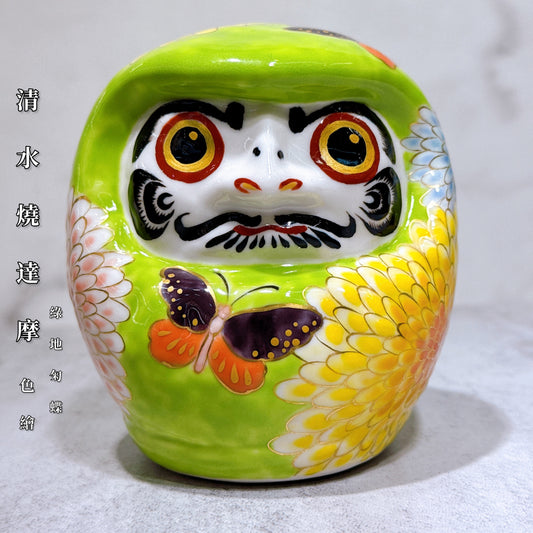 日本清水燒達摩 色繪 綠地匊蝶 小號
