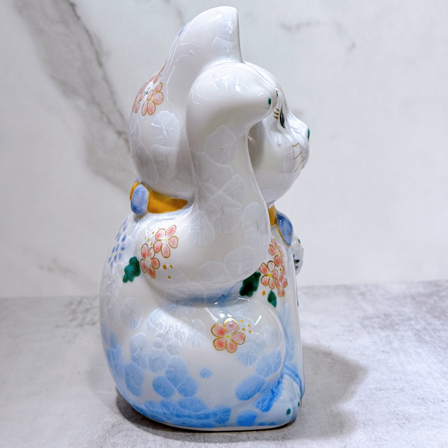 日本清水燒招財貓 花結晶 青白 億万両 体花 特大 右