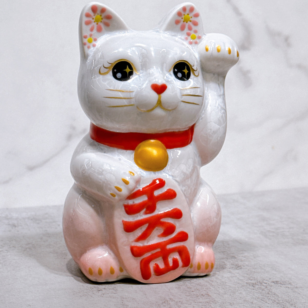日本清水燒招財貓 花結晶 桃白 千万両 左