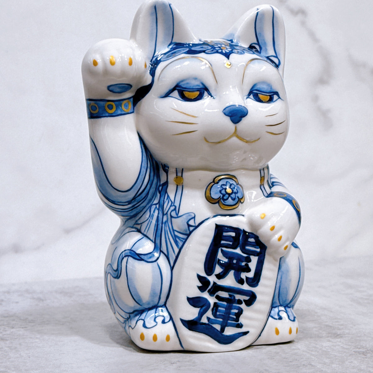 日本清水燒招財貓 染付 觀音 金彩