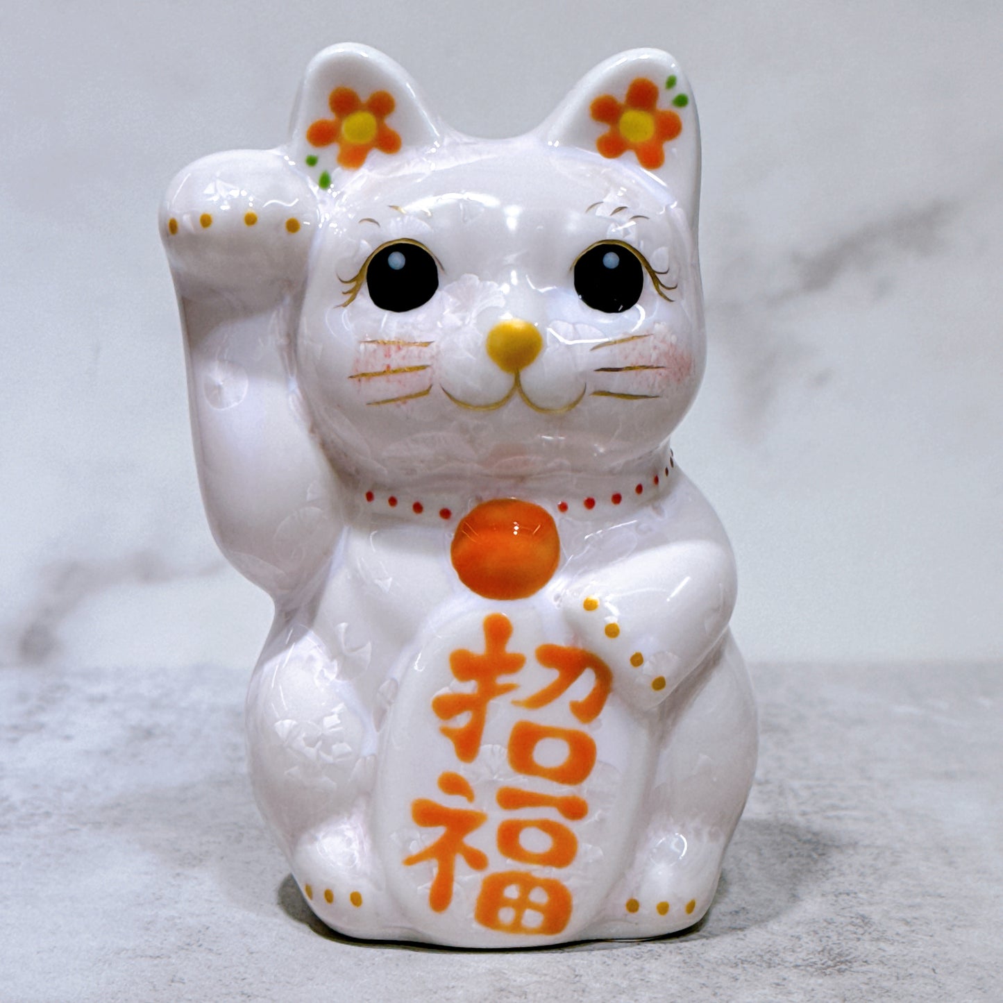 日本清水燒招財貓 花結晶 桃 右 特小