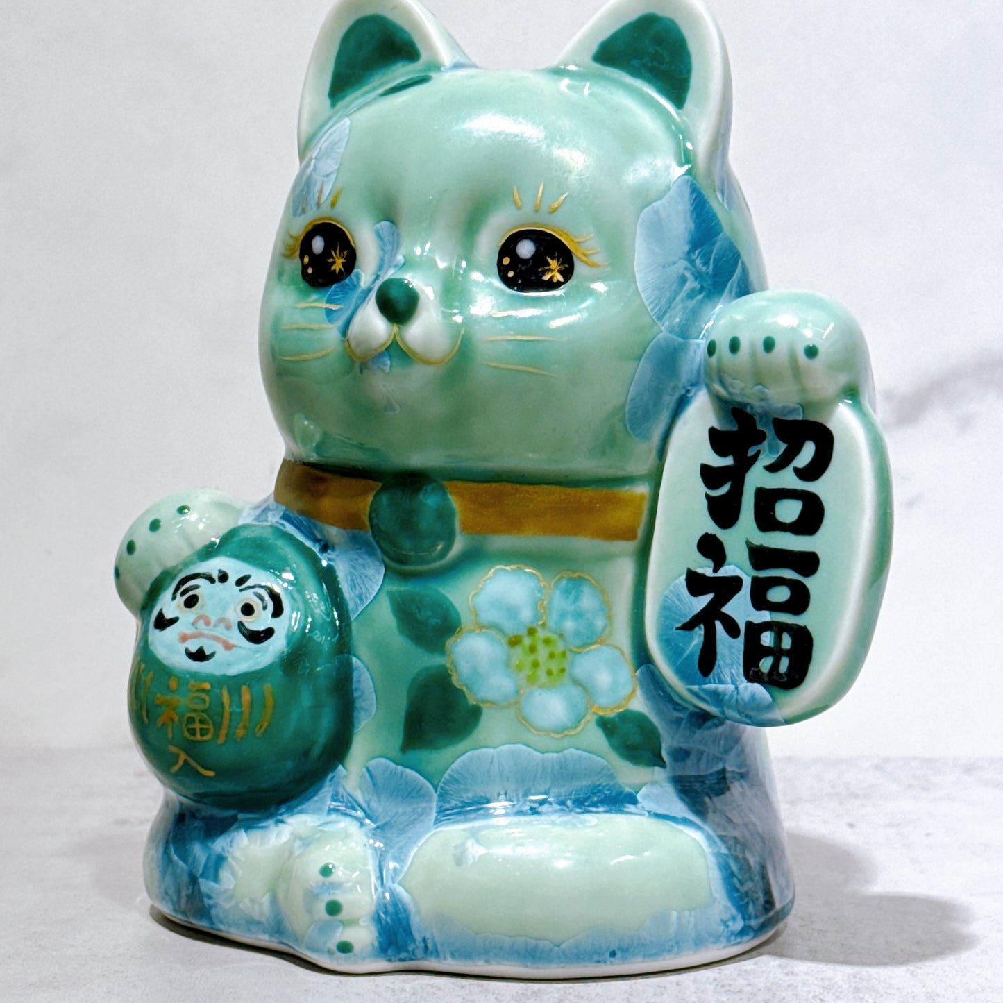 日本清水燒招財貓 達摩 花結晶 綠 招福