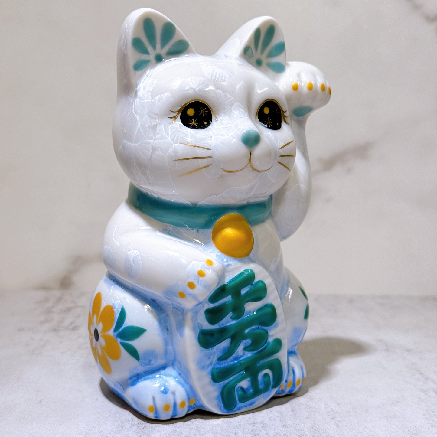 日本清水燒招財貓 花結晶 青白 千萬両 体花 左