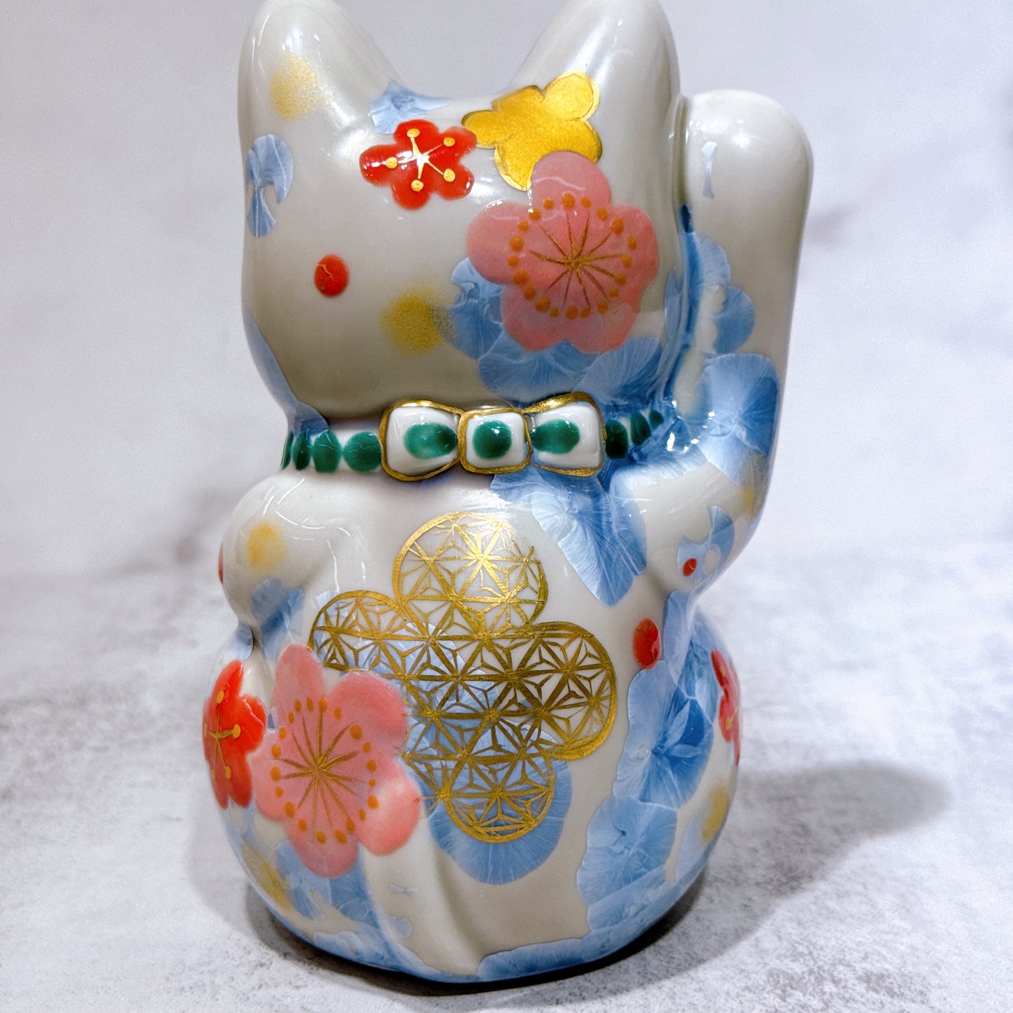日本清水燒招財貓 花結晶 銀藤 体花 健康 右