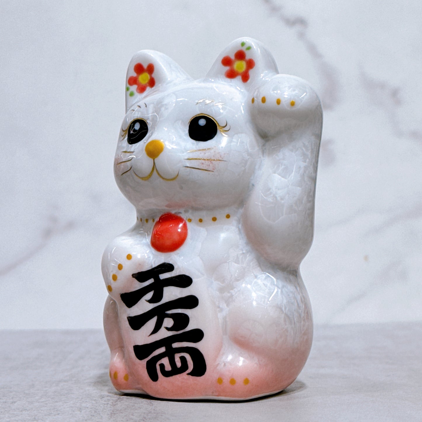 日本清水燒招財貓 花結晶 桃白 左 特小