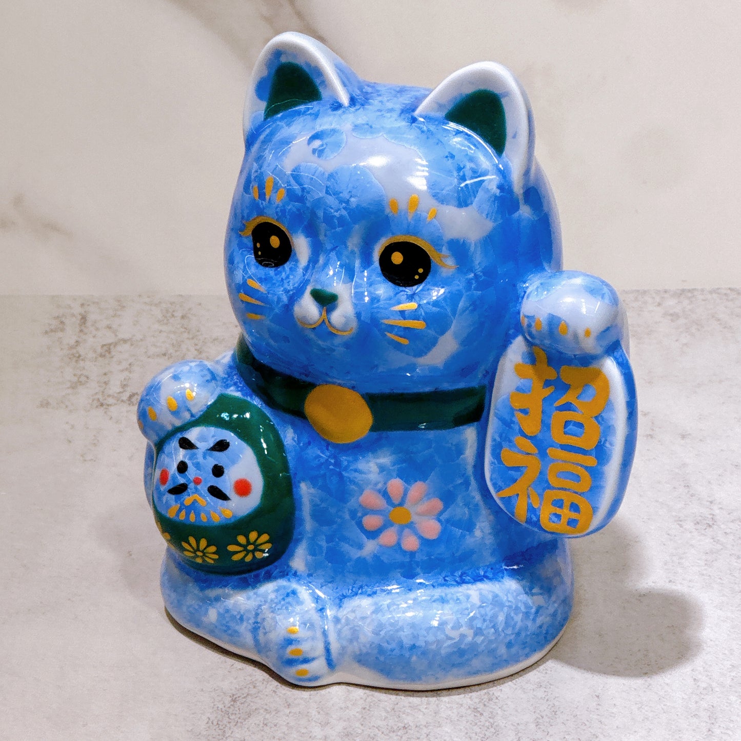 日本清水燒招財貓 達摩 花結晶 青 招福