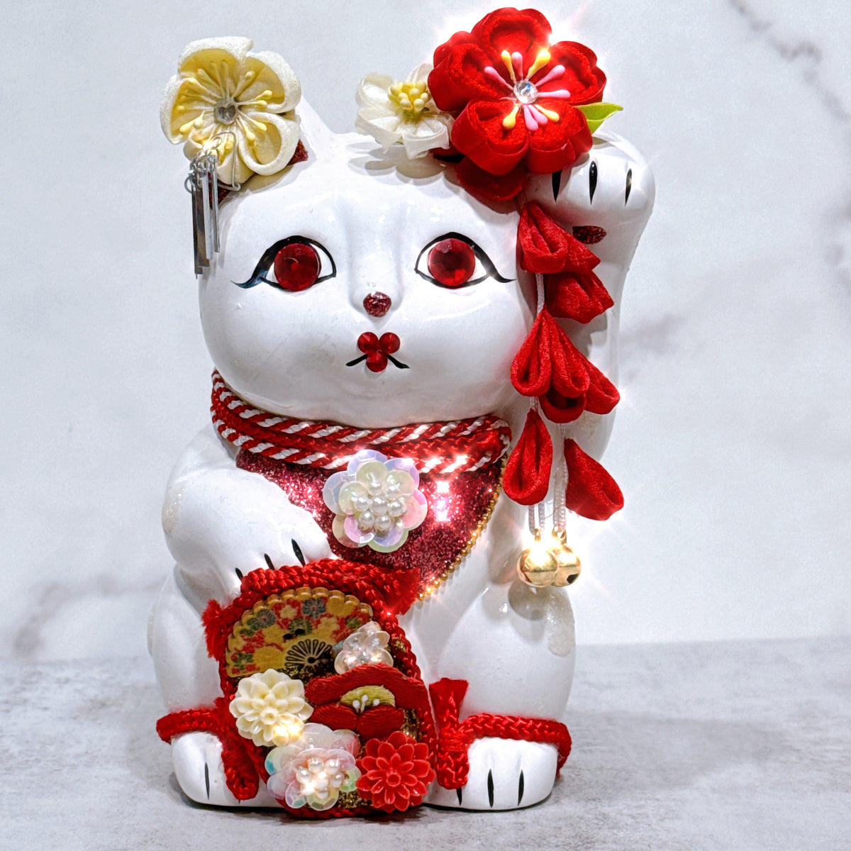 日本花見招財貓 紅蓮赤韻 5號 白 左手