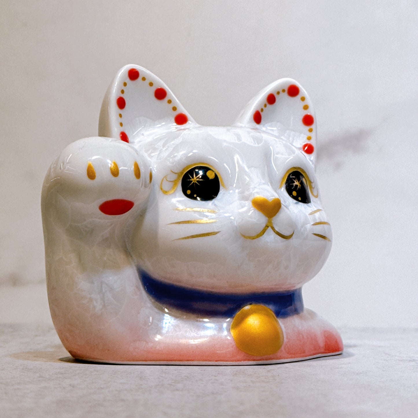 日本清水燒招財貓 貓半身 花結晶 桃白
