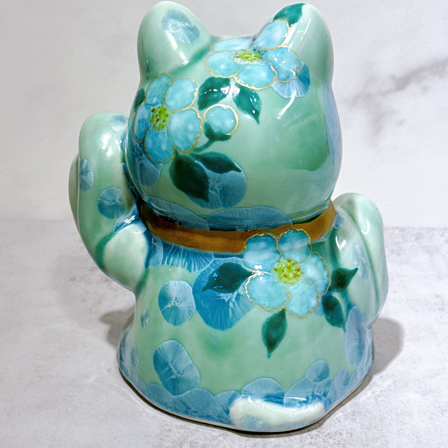 日本清水燒招財貓 達摩 花結晶 綠 招福