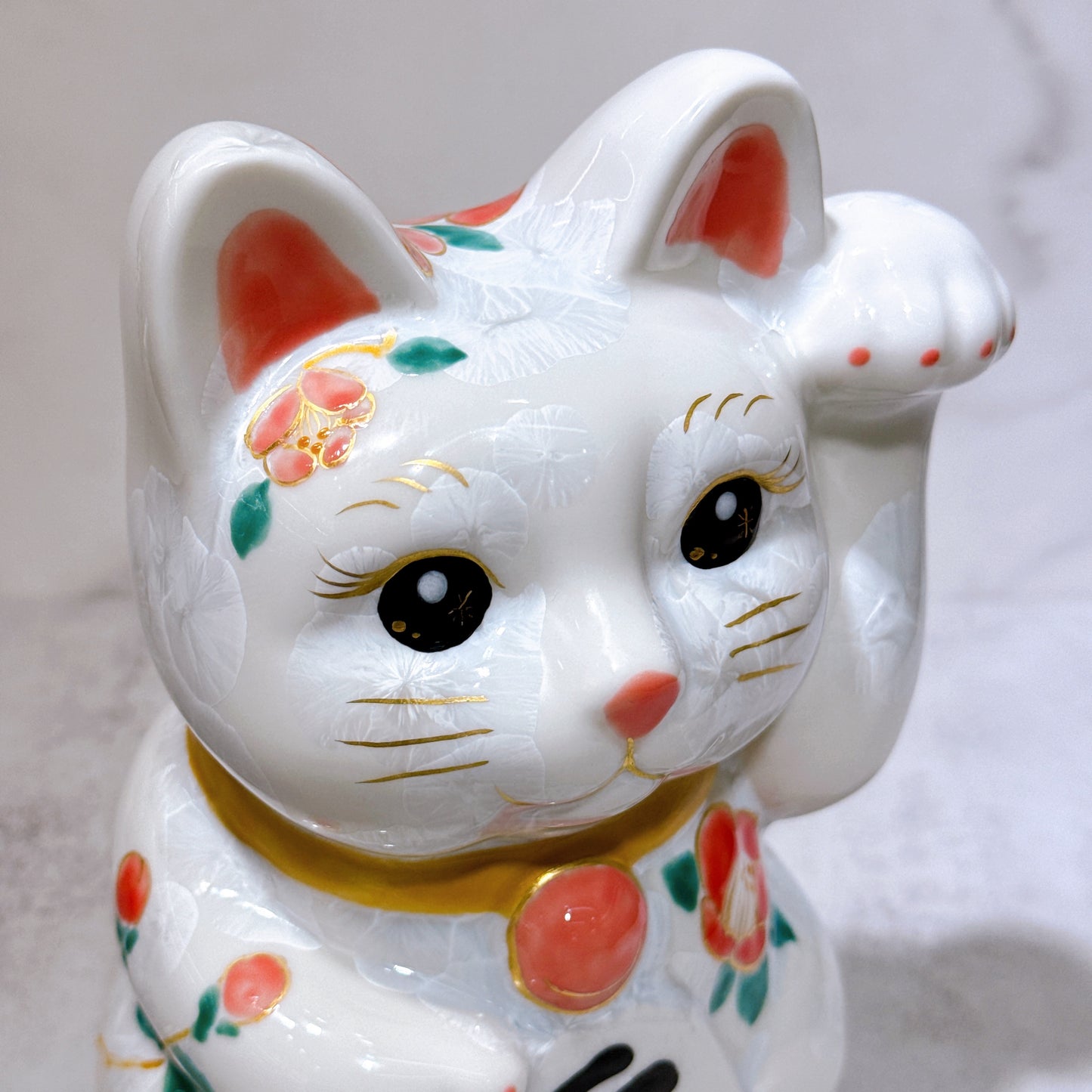 日本清水燒招財貓 花結晶 青白 千万両 体花 特大 左