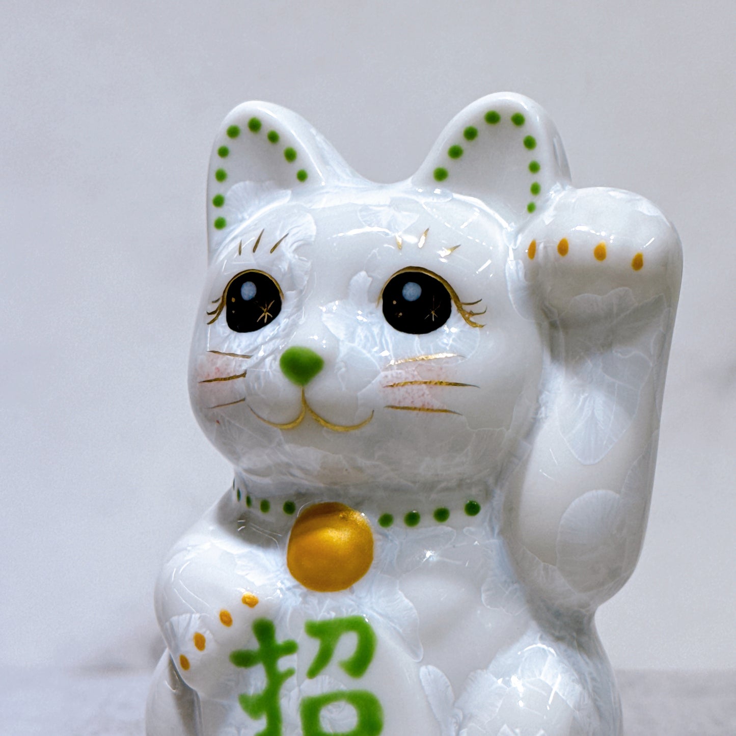 日本清水燒招財貓 花結晶 白 招福 左 特小