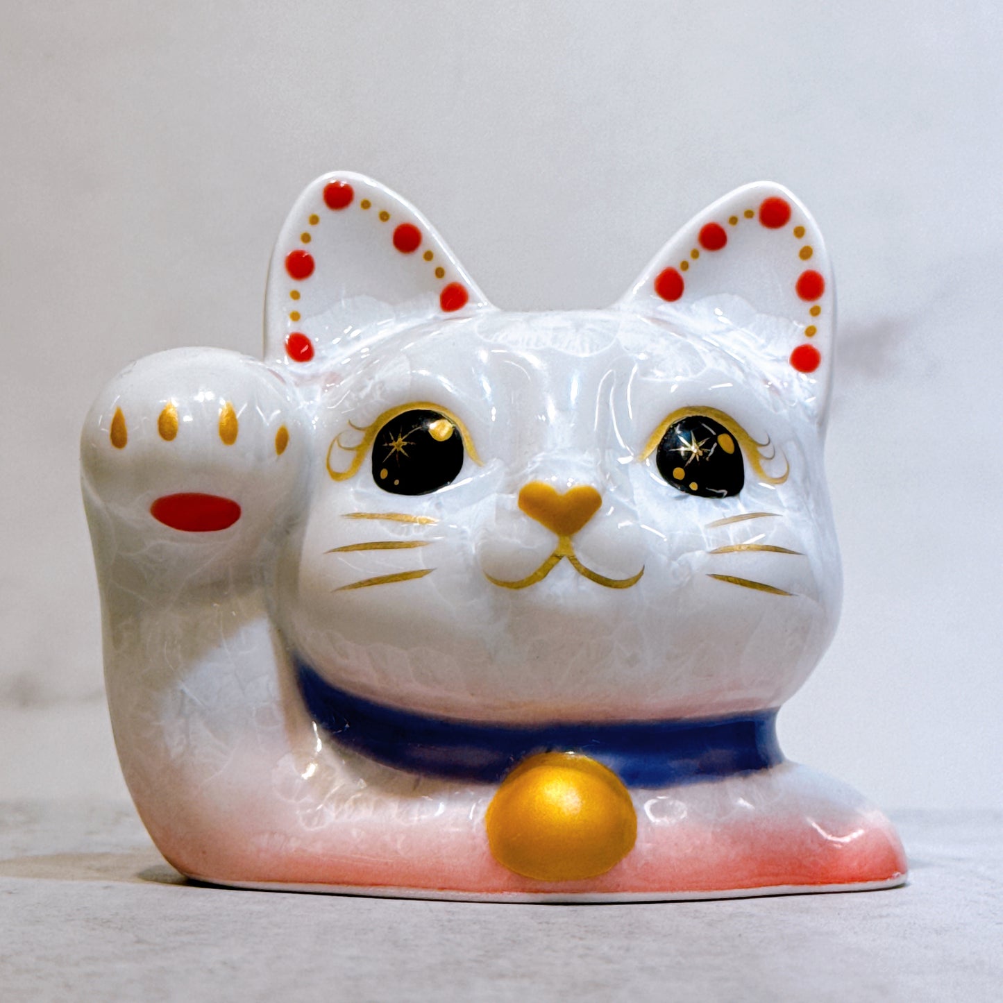 日本清水燒招財貓 貓半身 花結晶 桃白