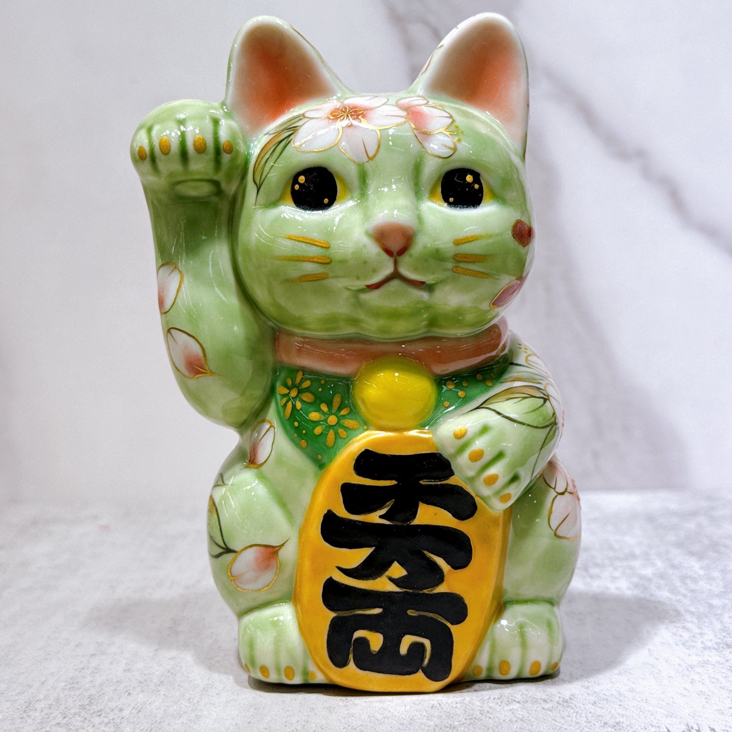日本清水燒招財貓 色繪 織部櫻