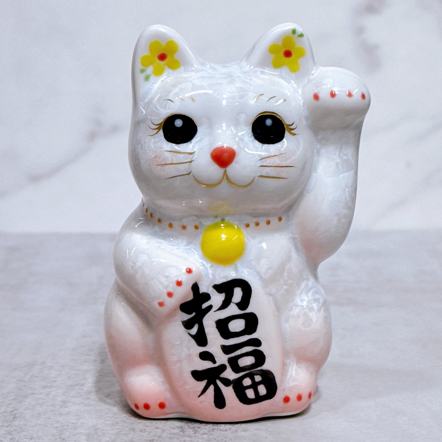 日本清水燒招財貓 花結晶 桃白 左 特小