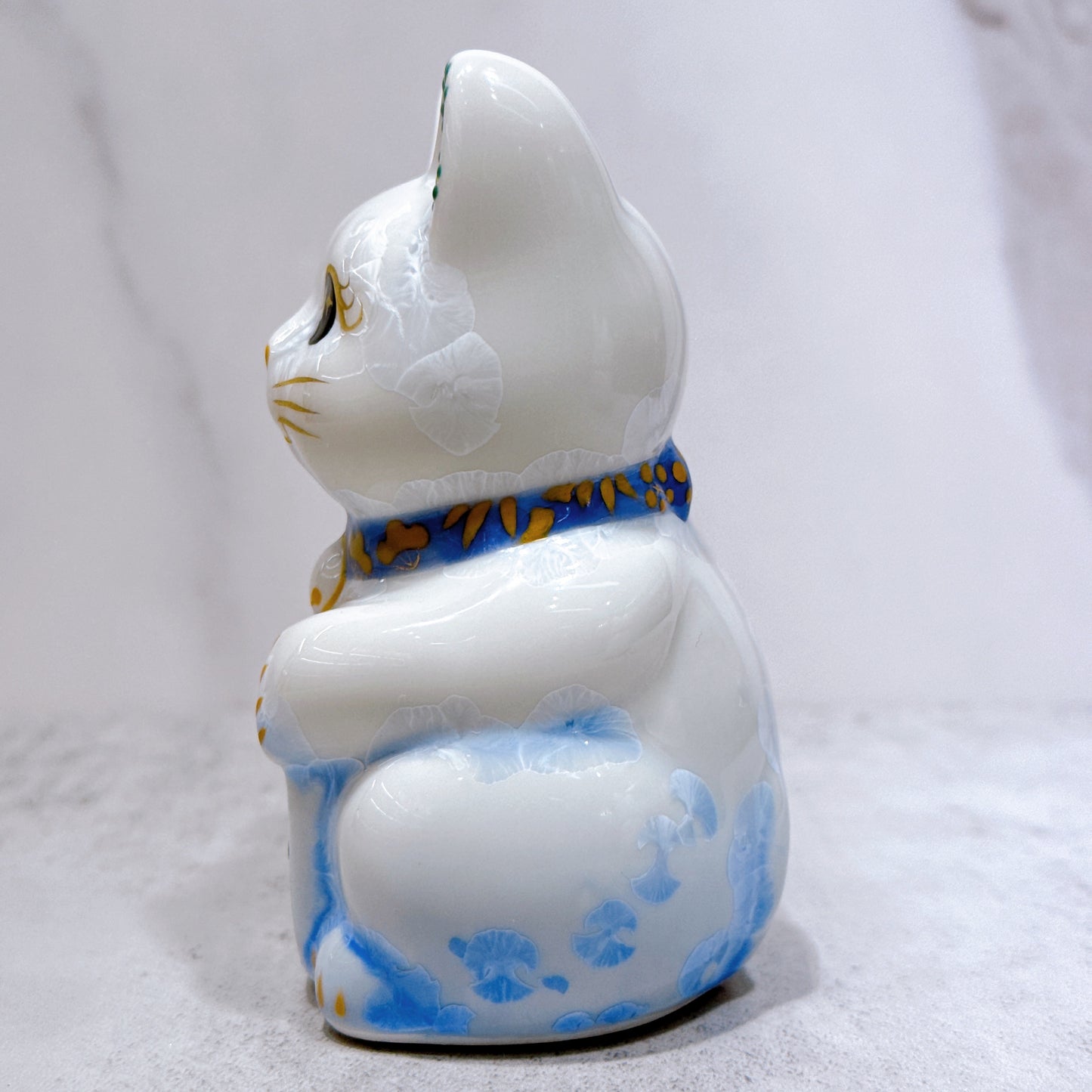 日本清水燒招財貓 花結晶 青白 開運 右 特小