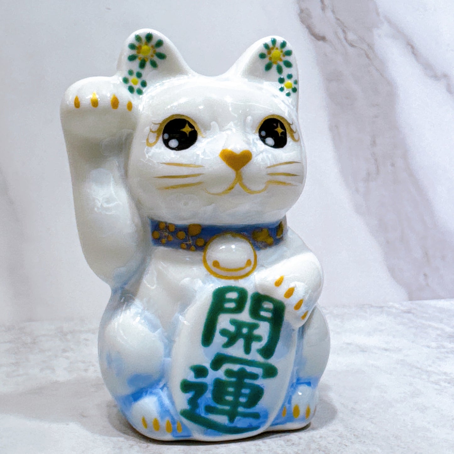 日本清水燒招財貓 花結晶 青白 開運 右 特小