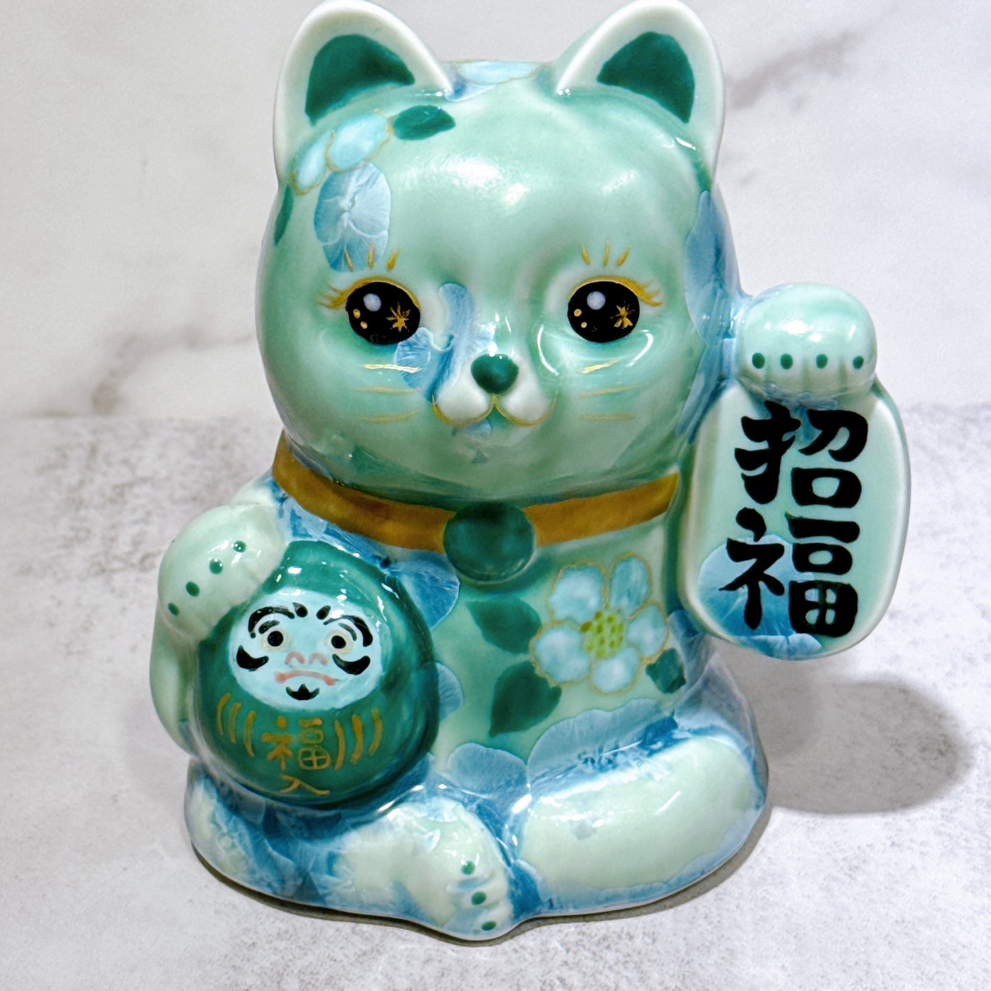 日本清水燒招財貓 達摩 花結晶 綠 招福