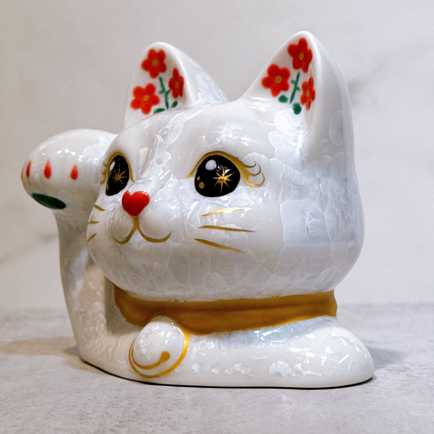 日本清水燒招財貓 貓半身 花結晶 白