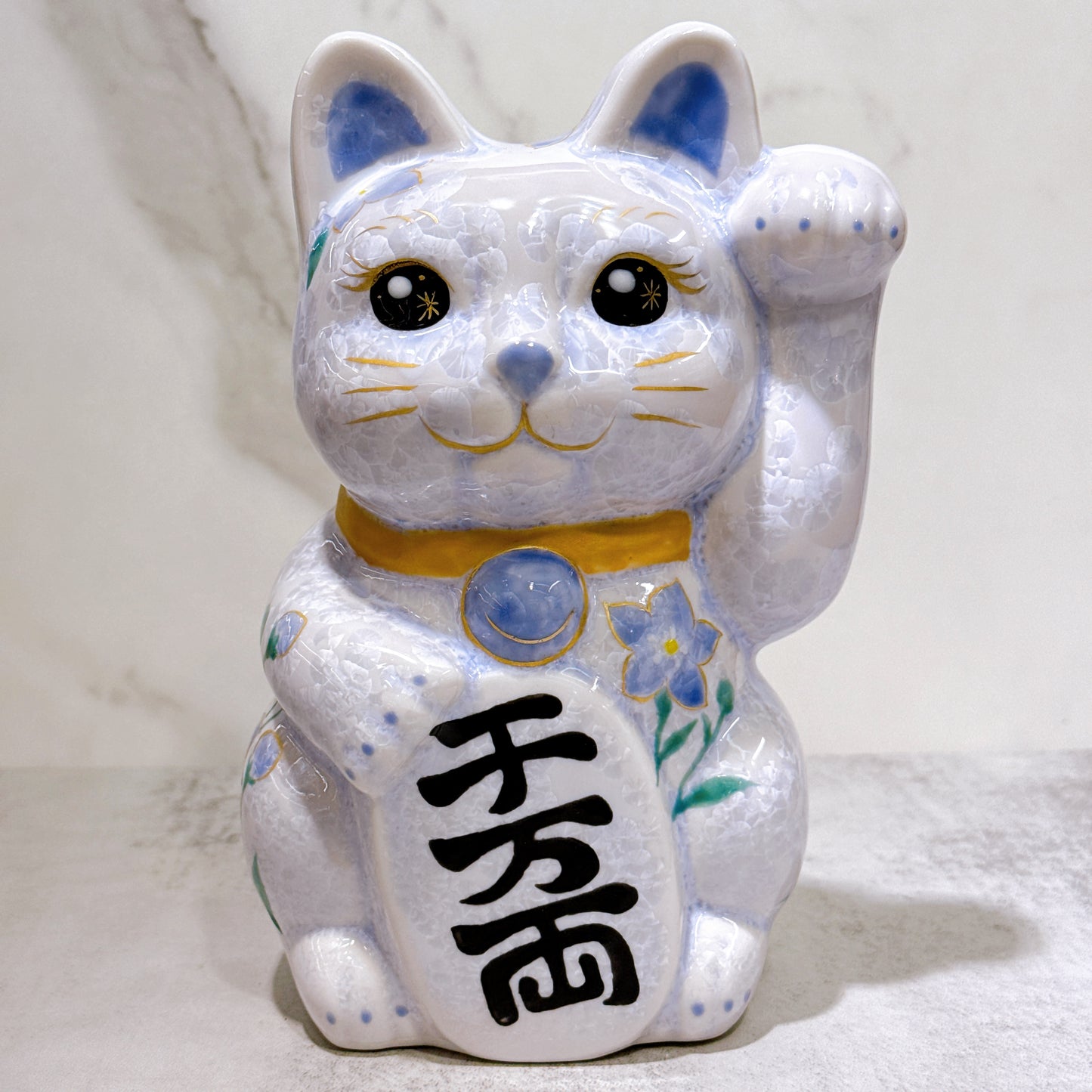 日本清水燒招財貓 花結晶 藤 億万両 体花 特大 左