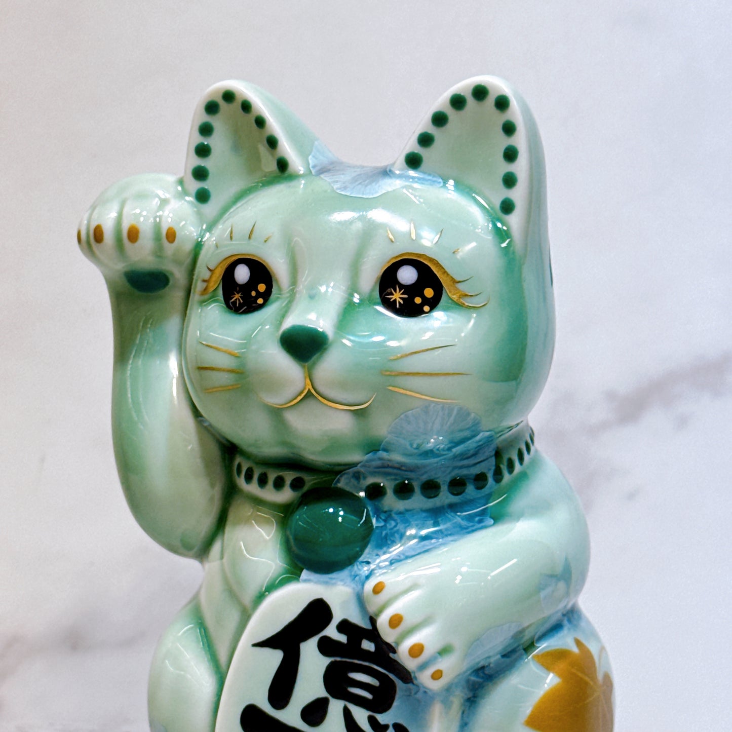 日本清水燒招財貓 花結晶 綠 億萬両 体花 右