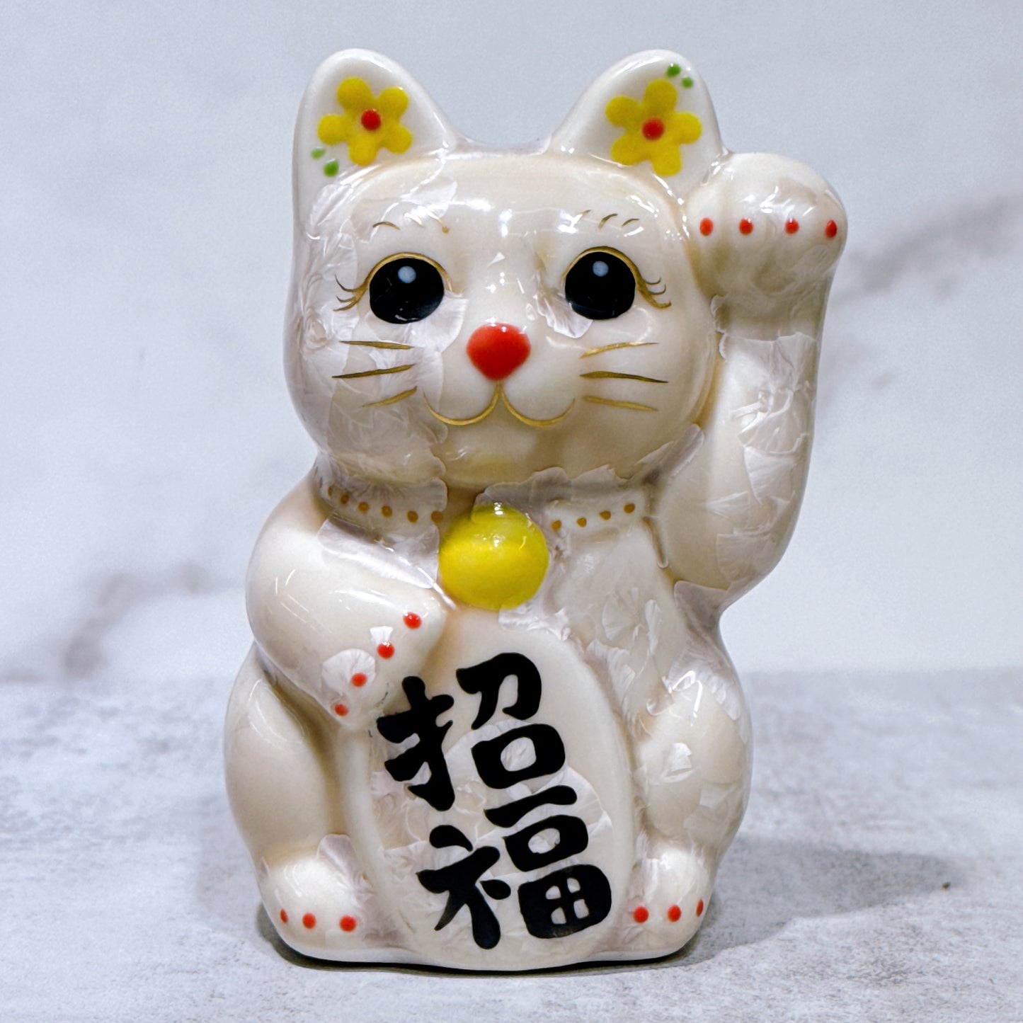 日本清水燒招財貓 花結晶 杏 左 特小