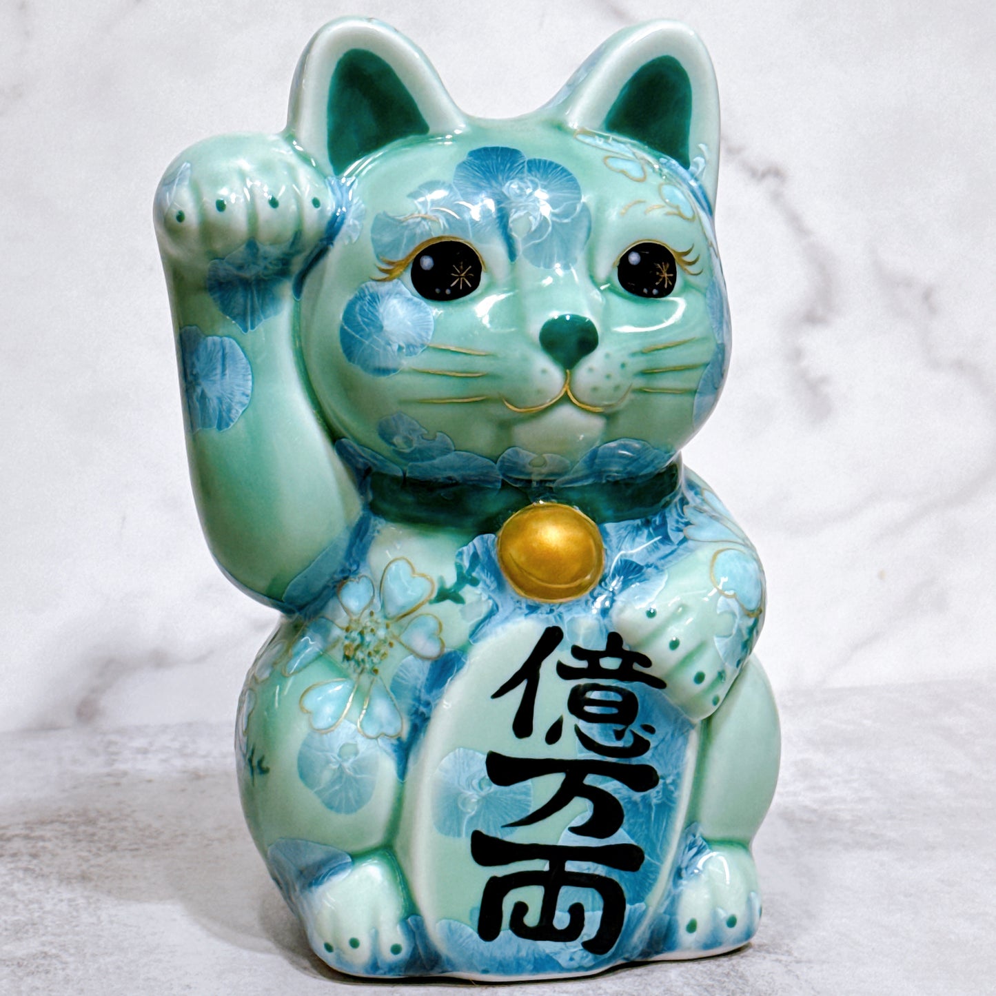 日本清水燒招財貓 花結晶 綠 億万両 体花 特大 右
