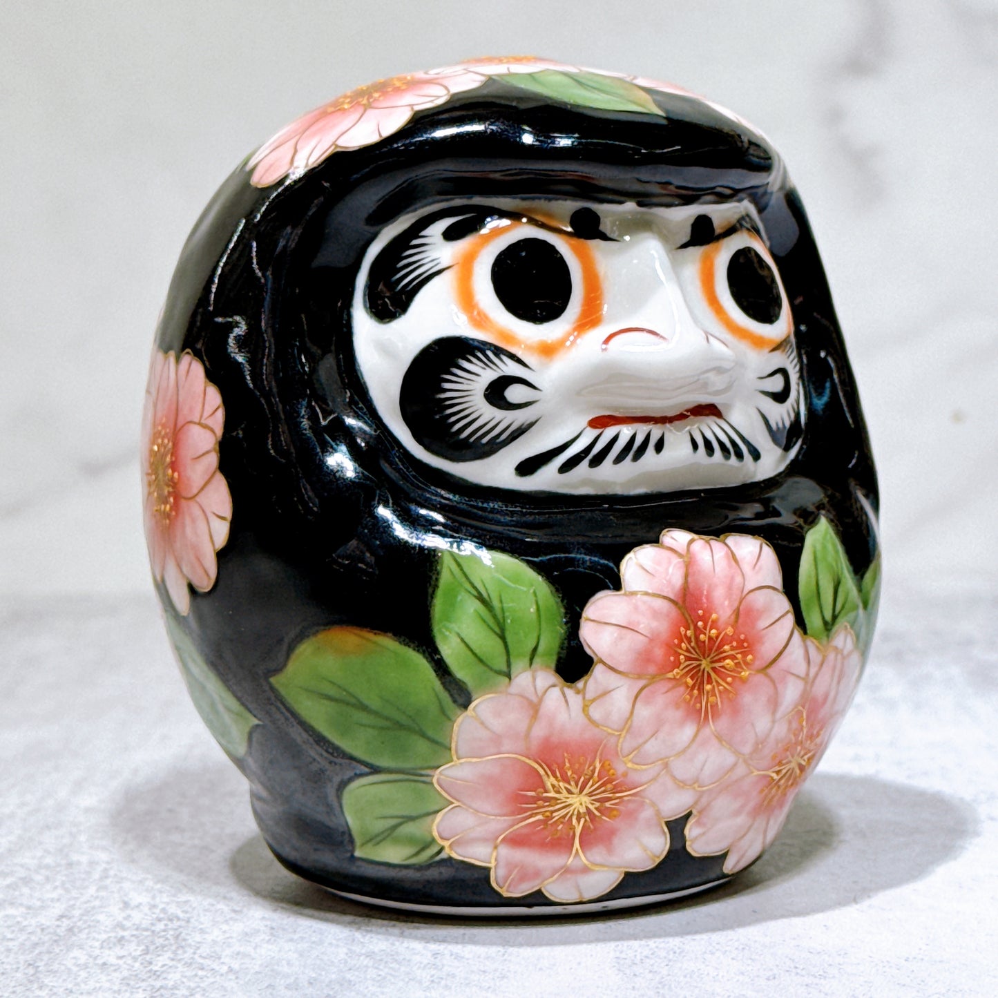 日本清水燒達摩 色繪 黑地八重櫻 小號
