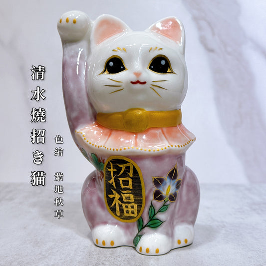 日本清水燒招財貓 色繪 紫地 秋草
