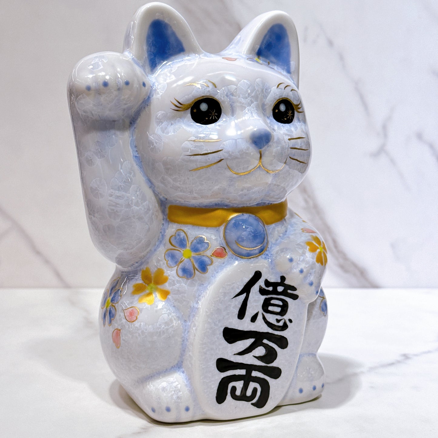日本清水燒招財貓 花結晶 藤 億万両 体花 特大 右