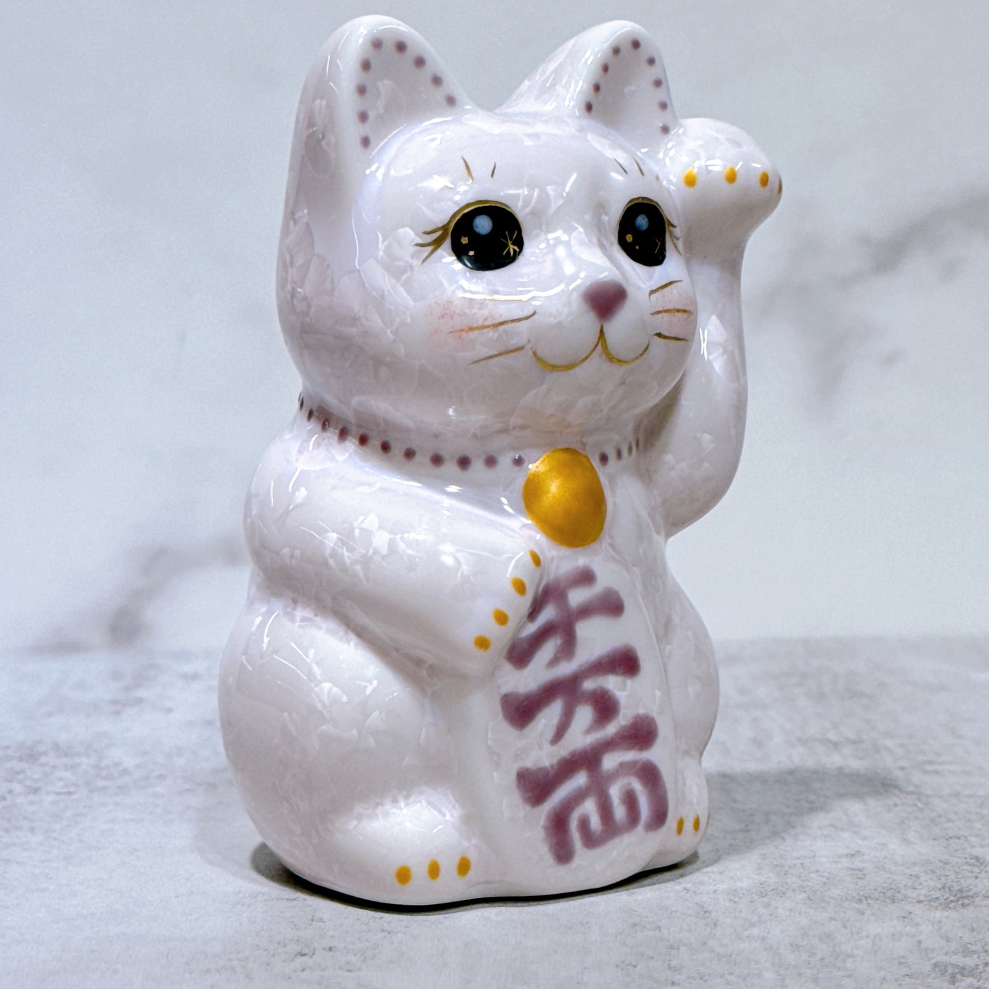 日本清水燒招財貓 花結晶 桃 左 特小