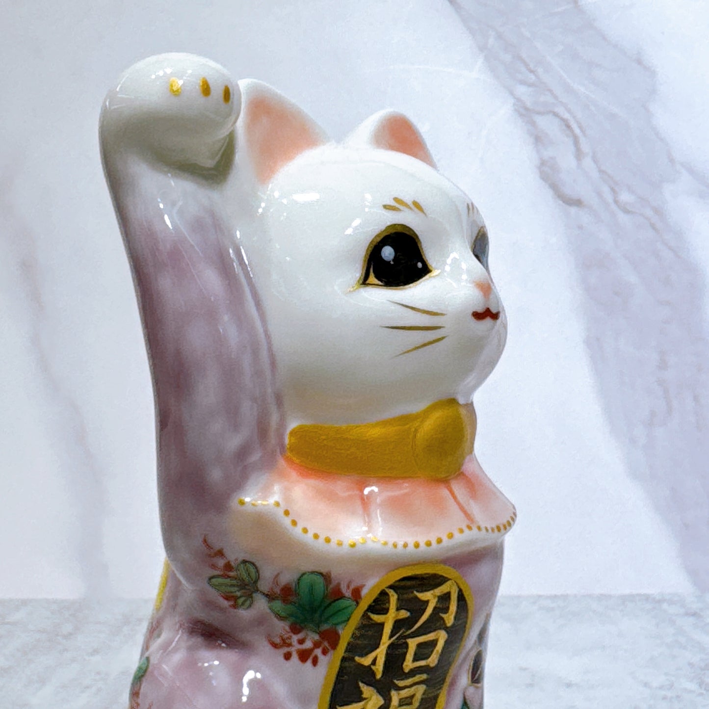 日本清水燒招財貓 色繪 紫地 秋草