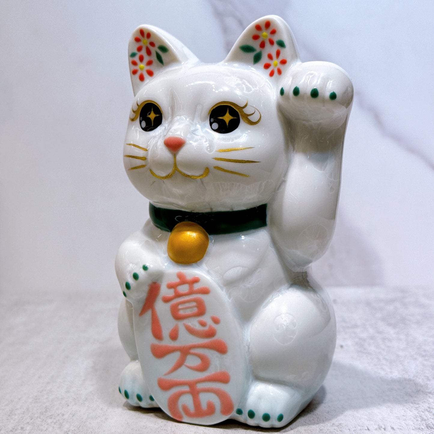 日本清水燒招財貓 花結晶 白 億万両 左