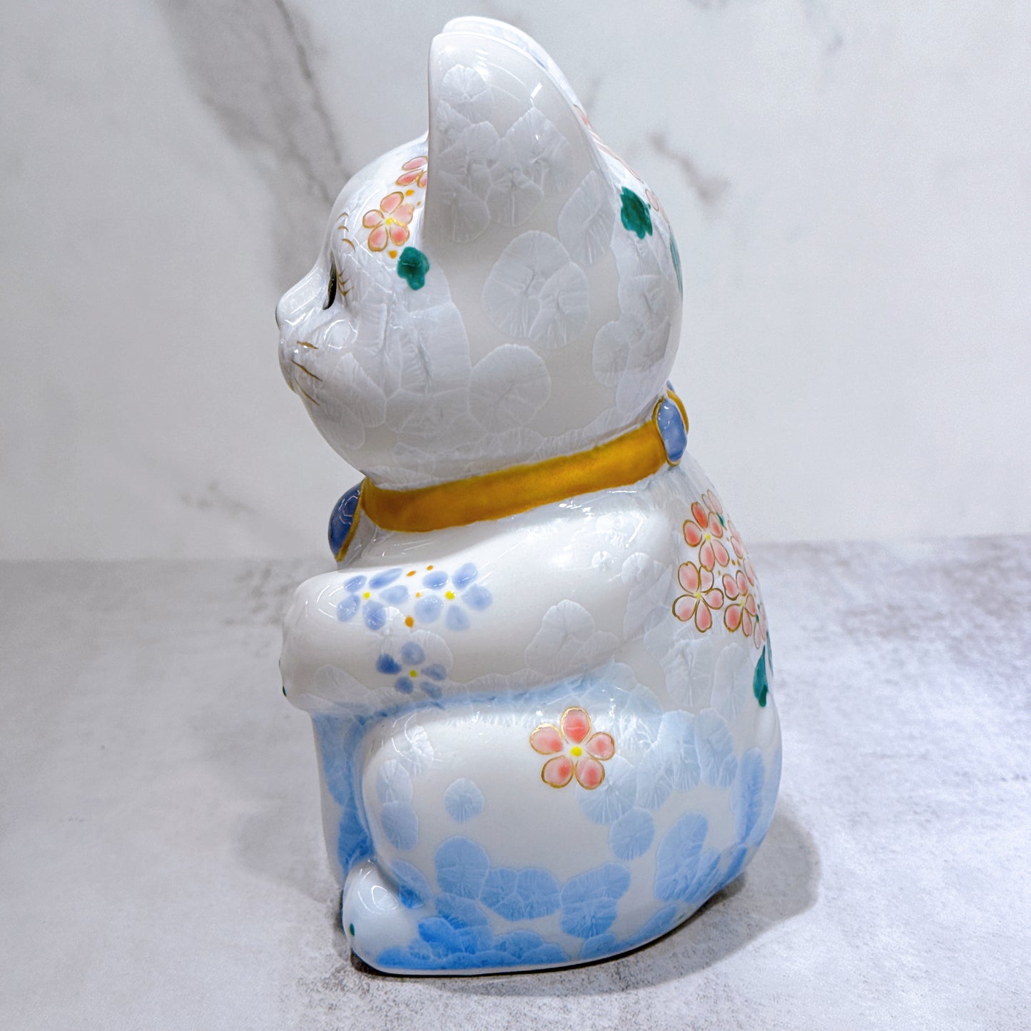 日本清水燒招財貓 花結晶 青白 億万両 体花 特大 右