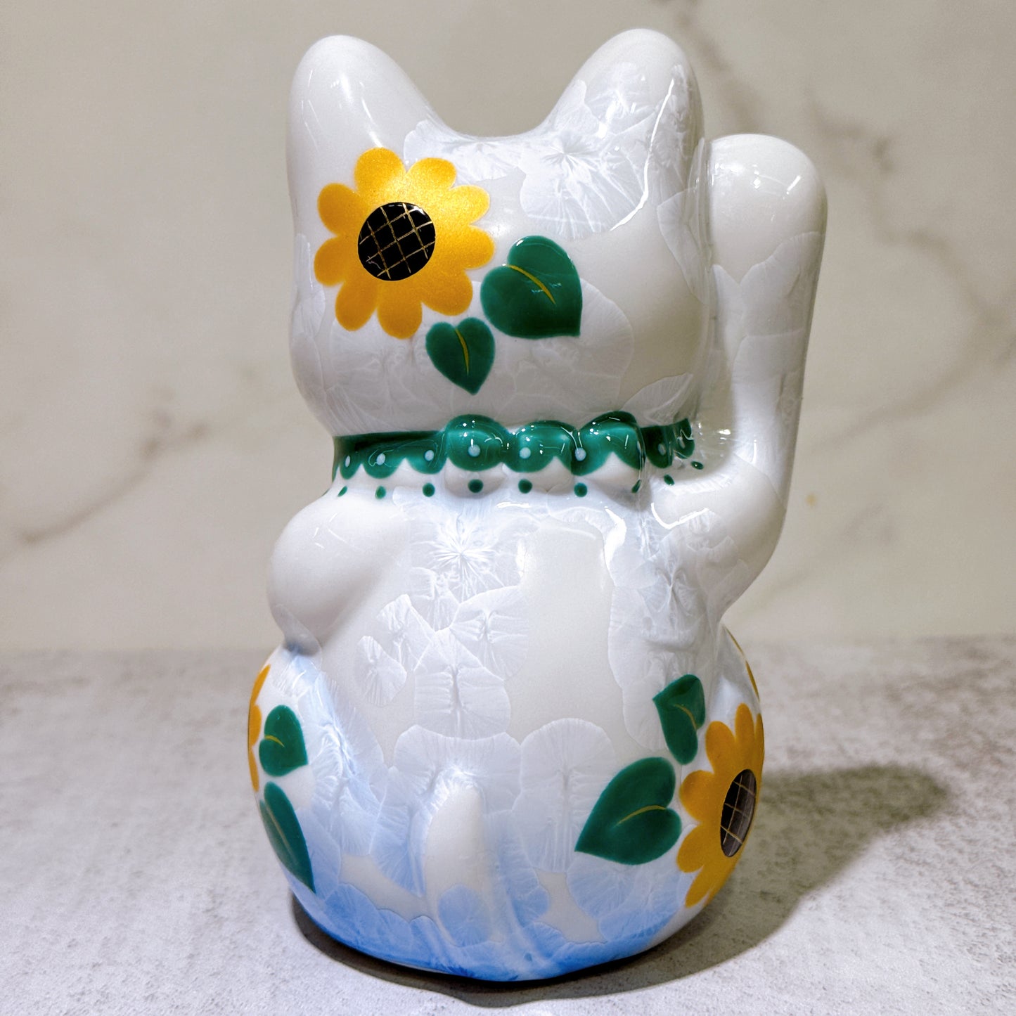 日本清水燒招財貓 花結晶 青白 招福 体花 右