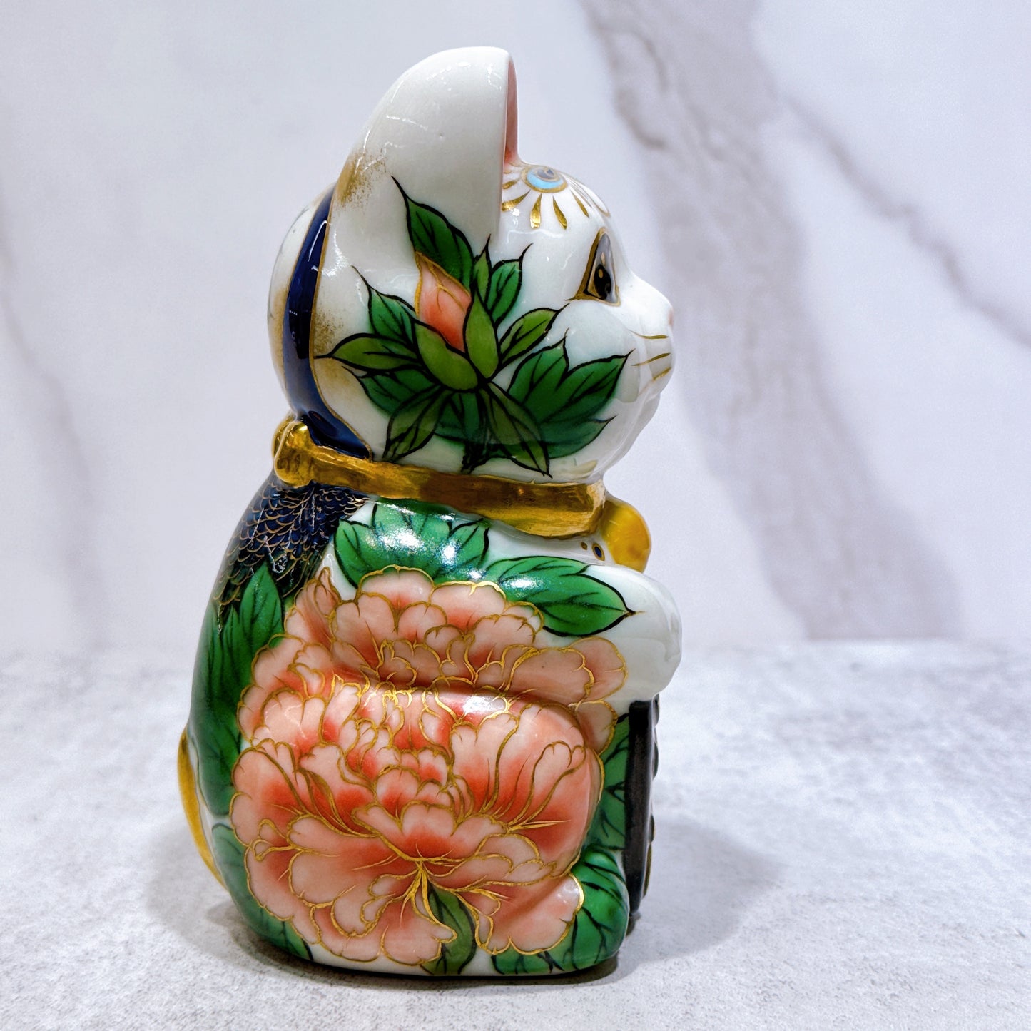 日本清水燒招財貓 色繪 孔雀牡丹圖
