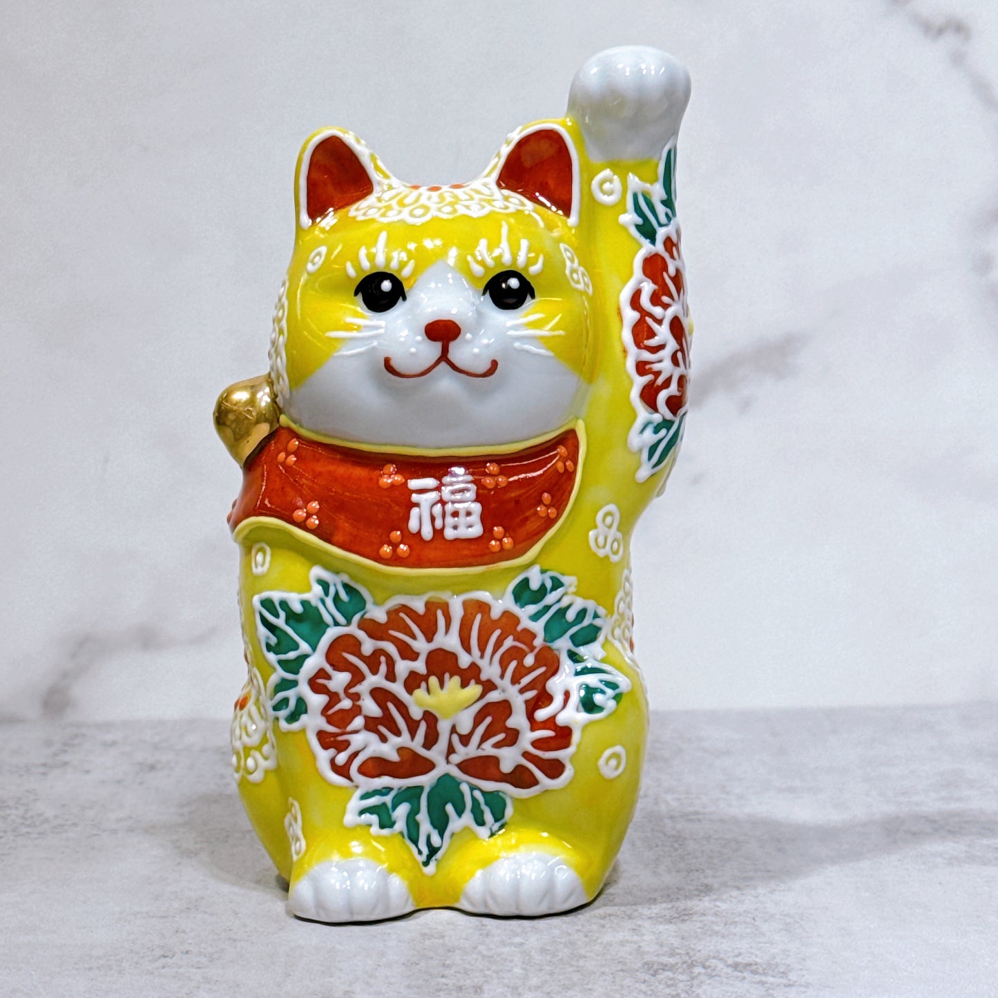 日本九谷燒招財貓 黃盛牡丹 4號