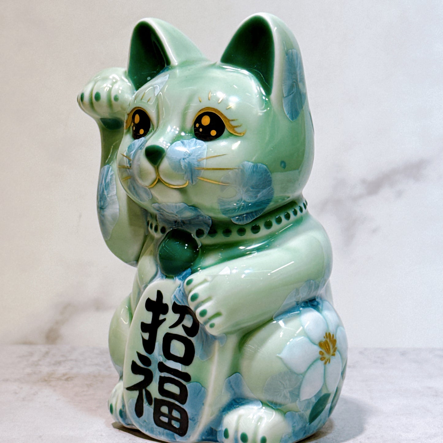 日本清水燒招財貓 花結晶 綠 招福 体花 右