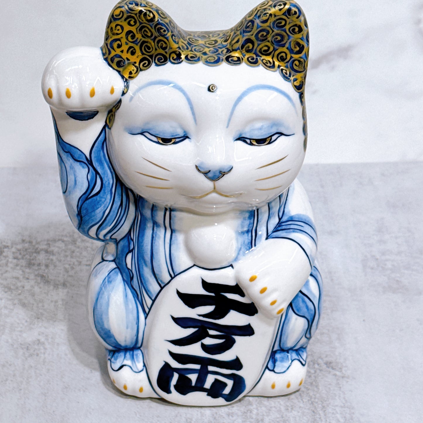 日本清水燒招財貓 染付 金彩 佛陀 特大