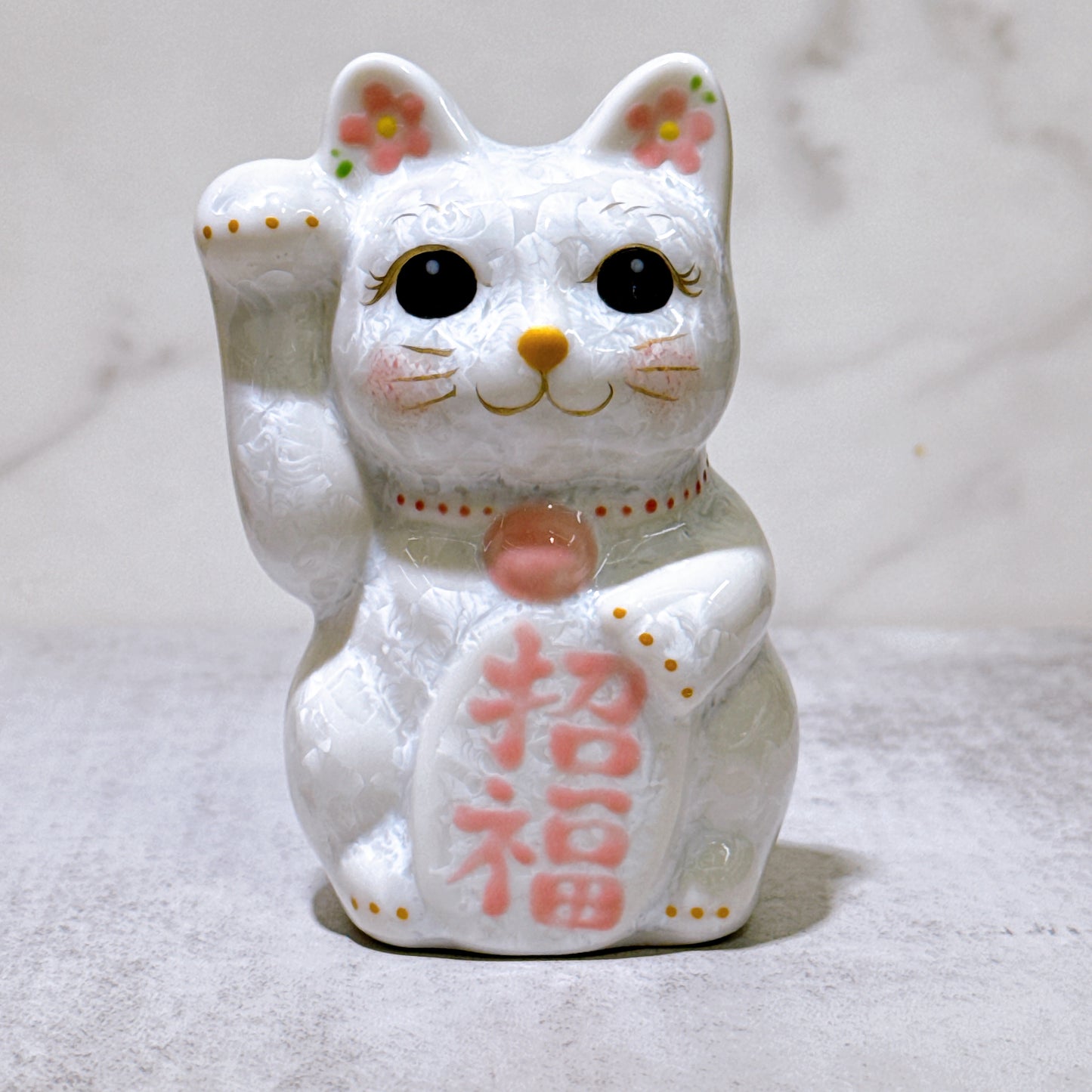 日本清水燒招財貓 花結晶 白 招福 右 特小