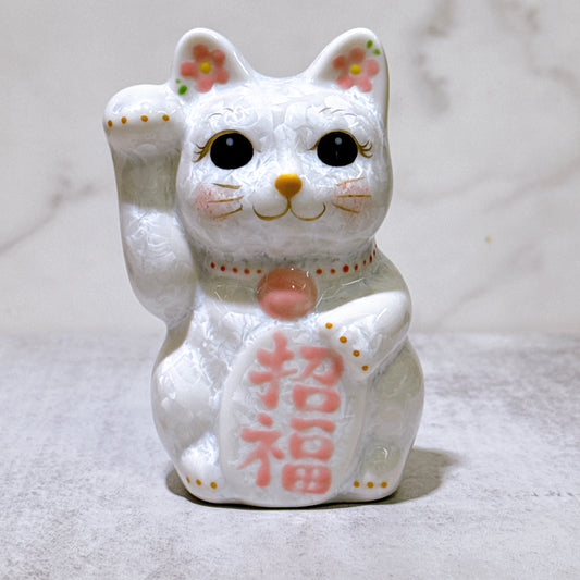 日本清水燒招財貓 花結晶 白 招福 右 特小